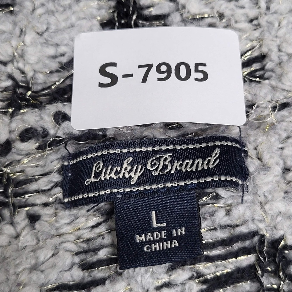 Lucky Brand Women Cardigan L‎ Black Geometric Metallic Aztec Coastal Grandmother - Picture 2 of 9